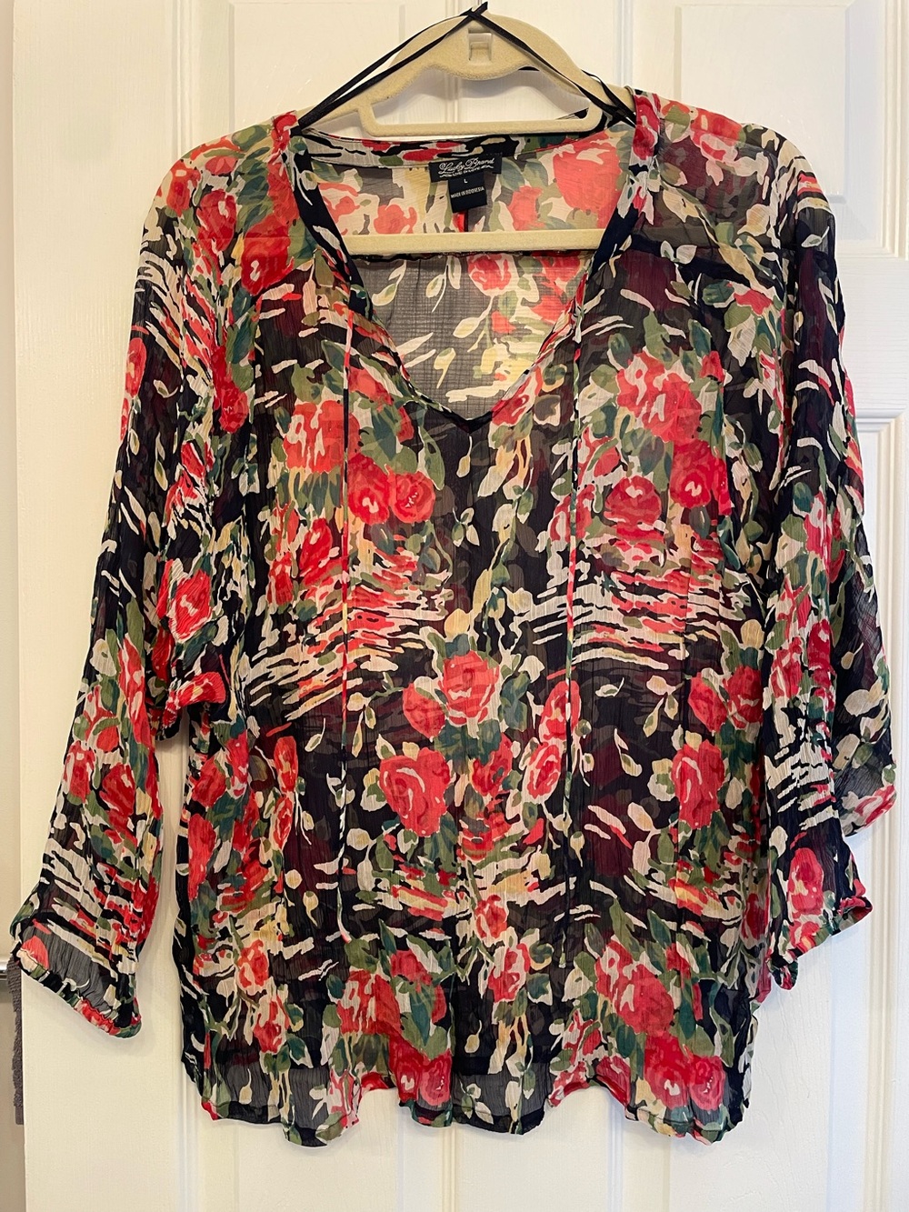 Lucky Brabd Black Sheer Floral V-Neck Blouse with Red Roses